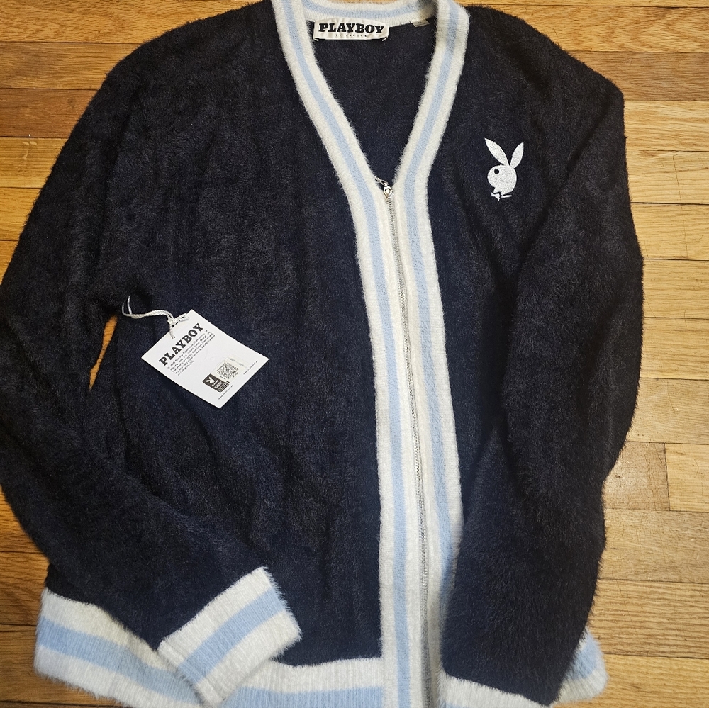 Playboy Men Cardigan Baby Blue Fuzzy Coat with White Trim